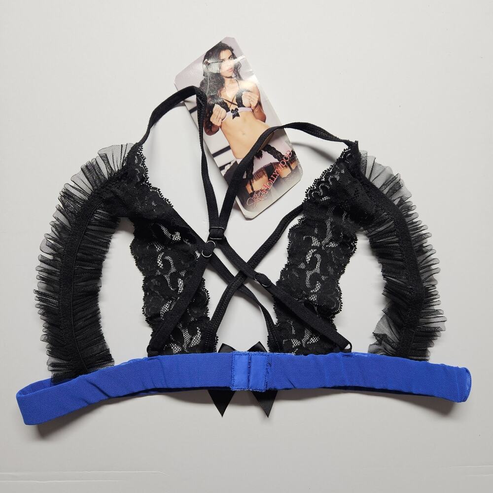 Shirley of Hollywood Open Cups Blue Black Lace Mesh Lingerie Sz Large NWT - Picture 5 of 7
